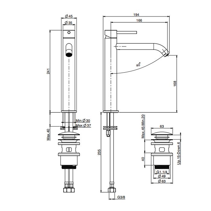 FIMA|Carlo Frattini Spillo Steel Смеситель для раковины высокий, высота 313 мм., на 1 отверстие, с донным клапаном click-clack, цвет INOX