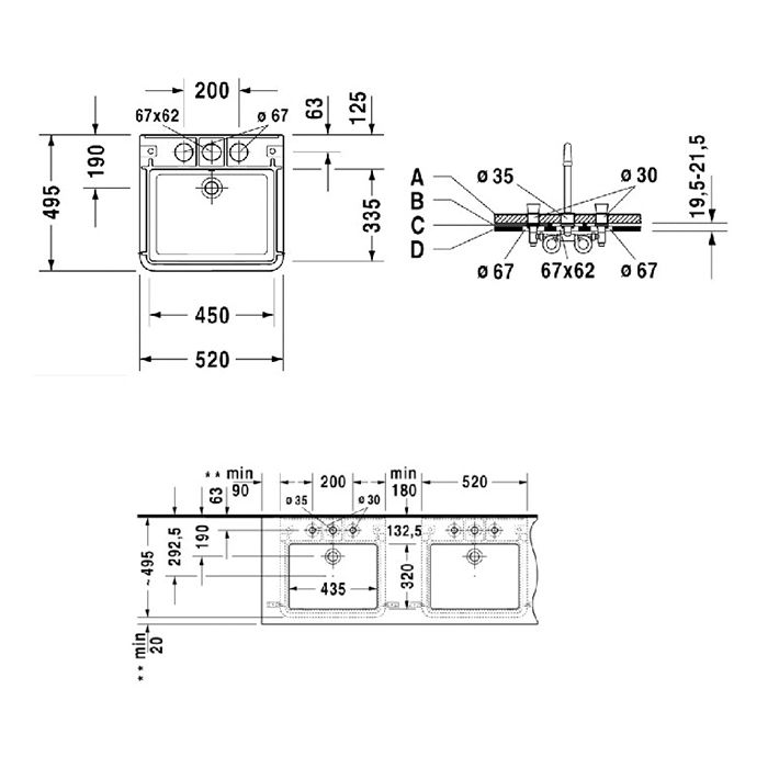 Duravit DuraStyle Раковина подвесная с переливом, 450х335 мм , с 3 отв под смеситель, цвет белый Duravit DuraStyle Раковина подвесная с переливом, 450х335 мм , с 3 отв под смеситель, цвет белый