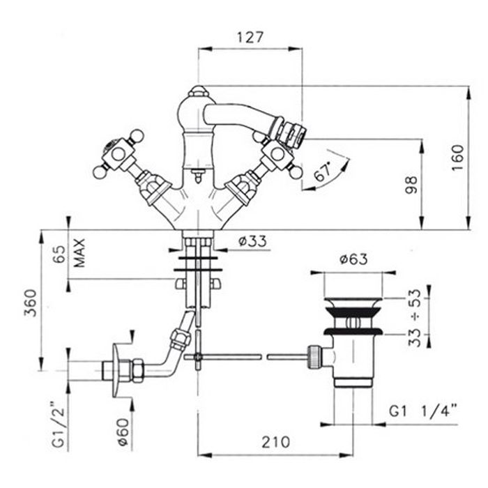 Nicolazzi Dames Anglaises Смеситель для биде с 2мя ручками, на 1 отв., с донным клапаном, излив 127мм, цвет: хром