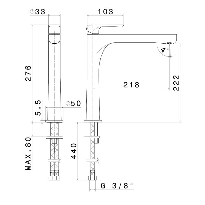 Смеситель для раковины OLE однорычажный высокий без донного клапана, матовый черный, артикул 69415KM.01.093