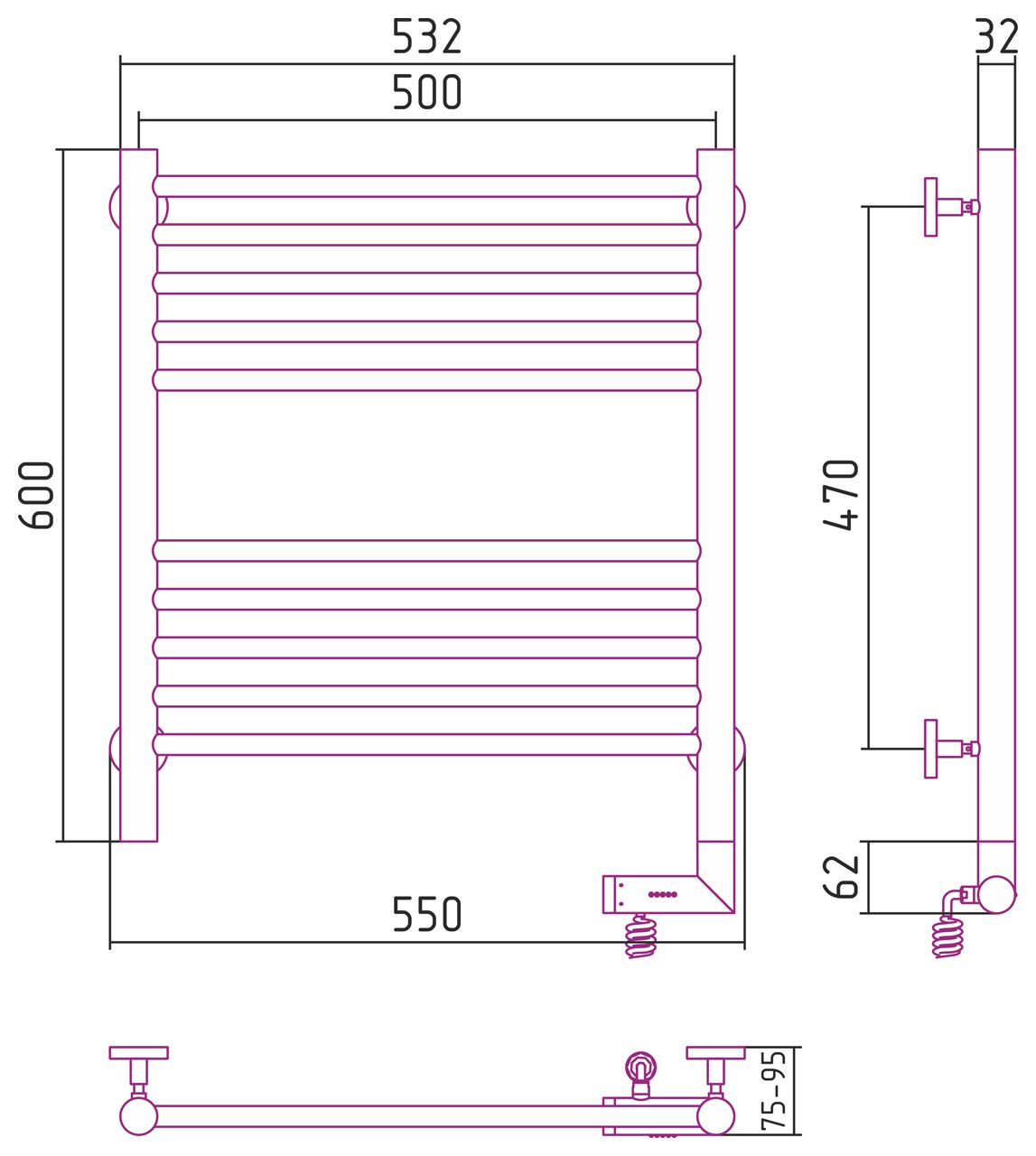 Полотенцесушитель электрический "БОГЕМА 2.0" прямая 600х500 / МЭМ правый (Матовый Чёрный)