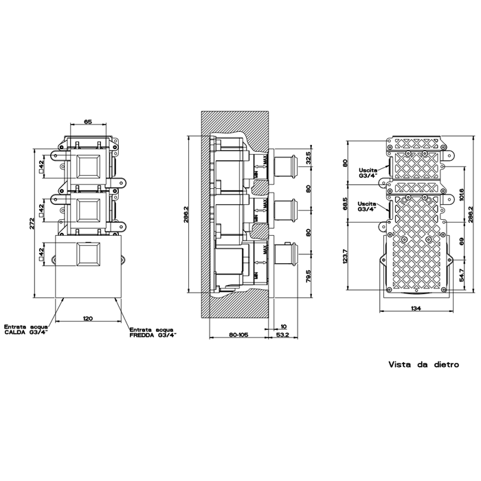 Gessi Eleganza Встраиваемый термостат, подключение на 3/4”, с 2мя независимыми выходами(внешние части), цвет: хром