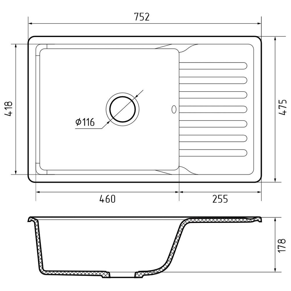 Кухонная мойка GranFest QUARZ 72, черный, артикул 72 черный