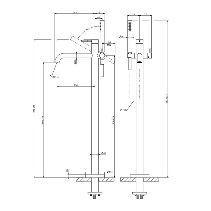 GESSI 316 Напольный смеситель для ванны с душевой лейкой (внешние части), цвет: Black XL