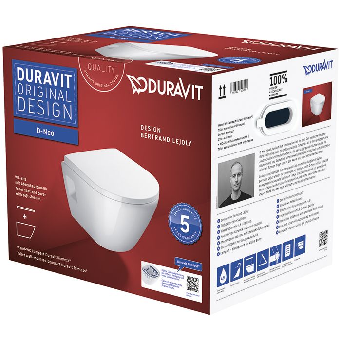 Duravit D-Neo Унитаз подвесной укороченный, 370 x 480 мм, безободковый, в комплекте с сиденьем 0021690000 цвет: белый &quot;СПЕЦЦЕНА с нашего склада!&quot;
