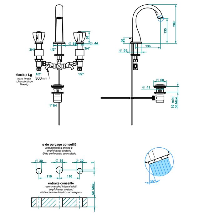 THG PETALE DE CRISTAL CLAIR Смеситель для раковины на 3 отверстия, с донным клапаном, цвет хром