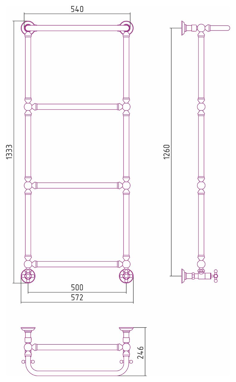 Полотенцесушитель, Сунержа, Ренессанс 1386, водяной, ширина, мм-572, глубина, мм-246, высота, мм-1333, межосевое расстояние-500, подключение-нижнее, мощность, Вт-339, присоединительный размер-НР G 1/2" / НР G 3/4" (эксцентрик), материал-нержавеющая сталь,