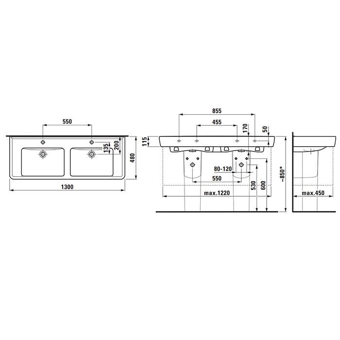 LAUFEN PRO S Раковина двойная 1300x480х115 мм , с 1 отв под смесит, цвет белый глянц LAUFEN PRO S Раковина двойная 1300x480х115 мм , с 1 отв под смесит, цвет белый глянц