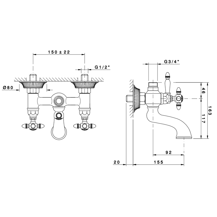Nicolazzi Impero Смеситель для ванны настенный для душевой стойки на 2 отверстия, излив: 155 мм,  цвет: хром