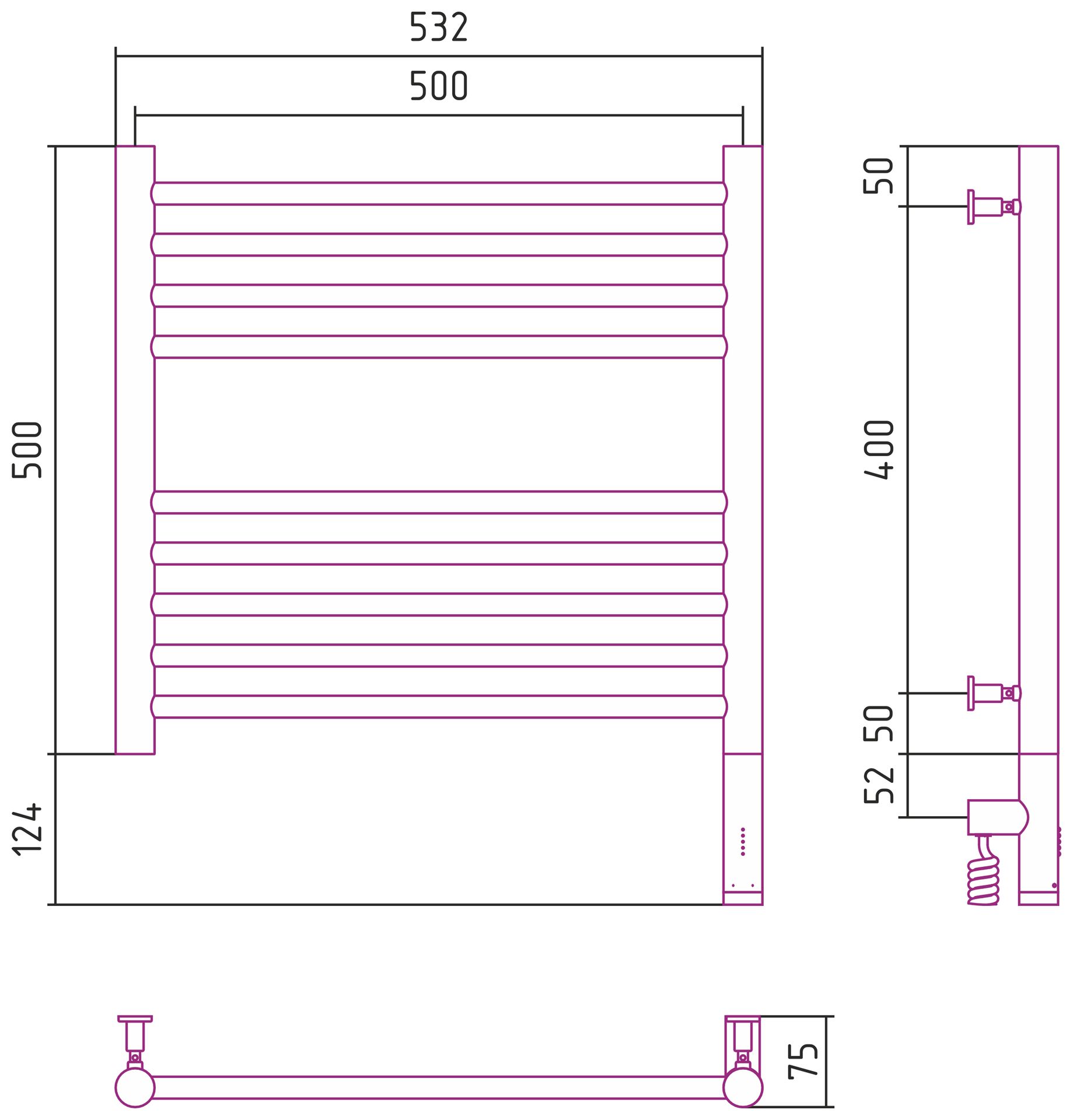 Полотенцесушитель, Сунержа, Богема 3.0, прямая, электрический, ширина, мм-532, глубина, мм-75, высота, мм-624, межосевое расстояние-500, нагревательный элемент-ТЭН, подключение-нижнее справа, электрокомплект-МЭМ, мощность, Вт-300, материал-нержавеющая ста