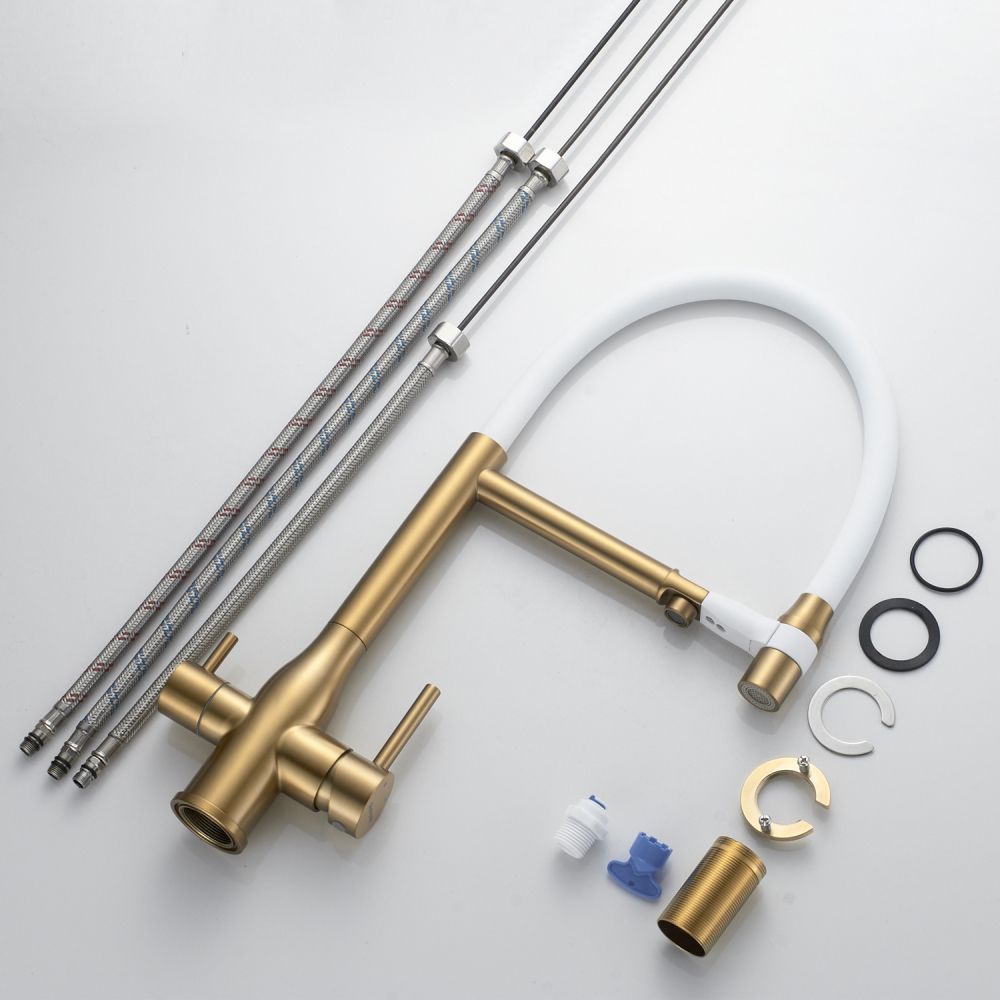 Смеситель для кухни с гибким изливом и подключением фильтра Shevanik S378G, золотой сатин/белый, артикул S378G