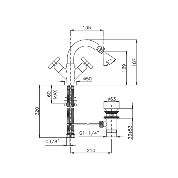 Nicolazzi M.Croce Смеситель для биде с 2мя ручками, излив: 135мм, цвет: хром