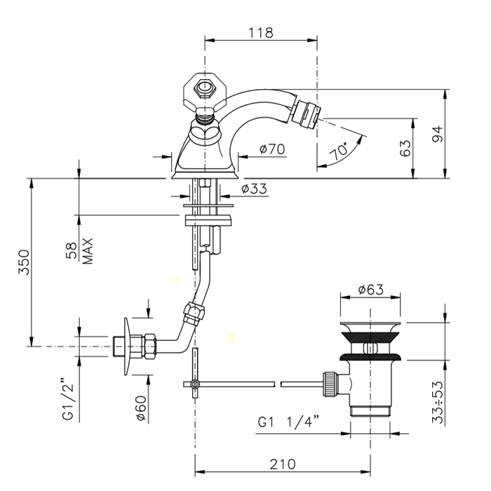 Nicolazzi Teide Смеситель для биде с донным клапаном, излив: 118 мм, ручки Crystal handle, цвет: хром