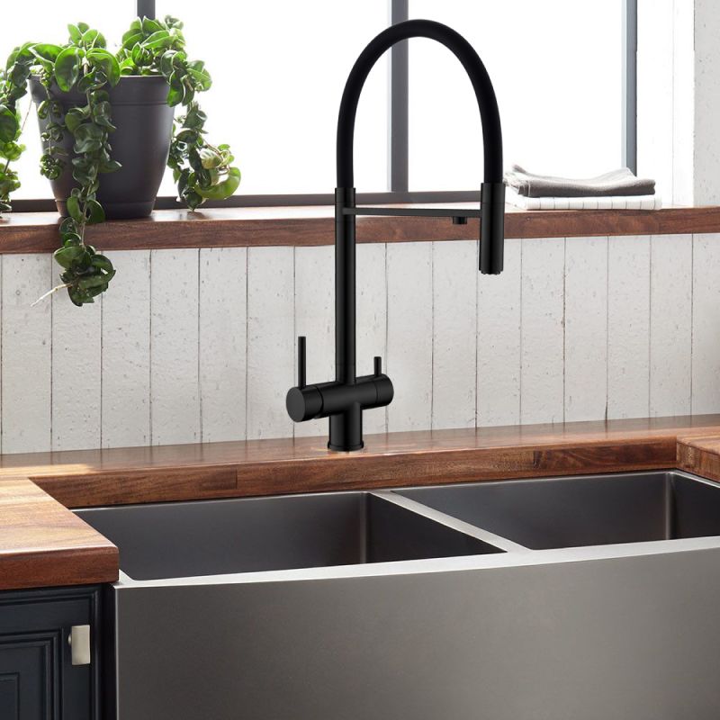 Смеситель для кухни с гибким изливом и подключением фильтра WesnaArt EKO05-160MatBlack, черный, артикул EKO05-160MatBlack