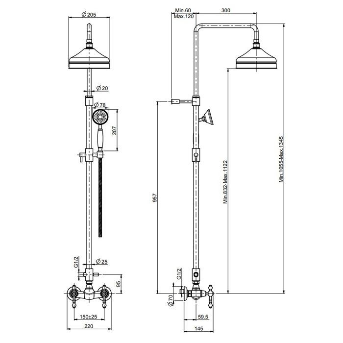 FIMA|Carlo Frattini Epoque Смеситель для душа внешнего монтажа, с душевой штангой, верхним душем Ø 200 мм. и душевым комплектом, цвет хром