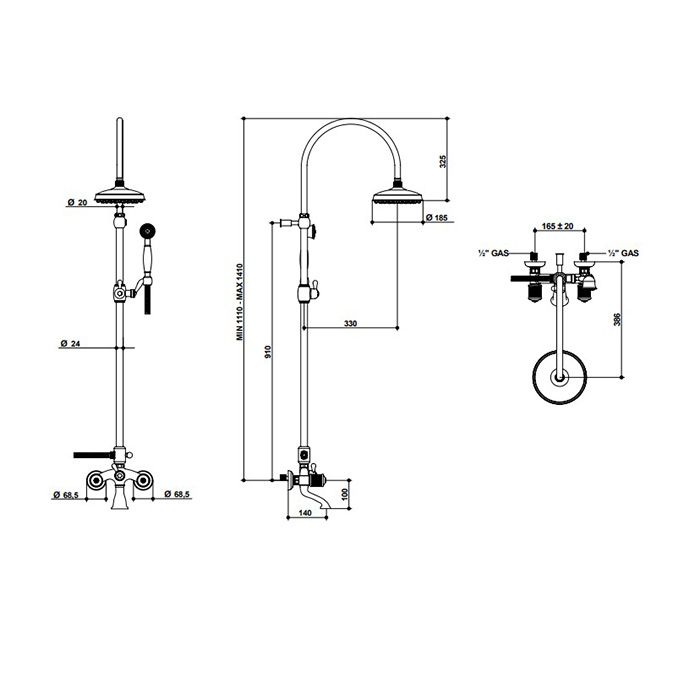 Bongio Impero Смеситель для ванны - с изливом, душевой стойкой с верхним и ручным душем, цвет хром/Blue and Red Swarovski