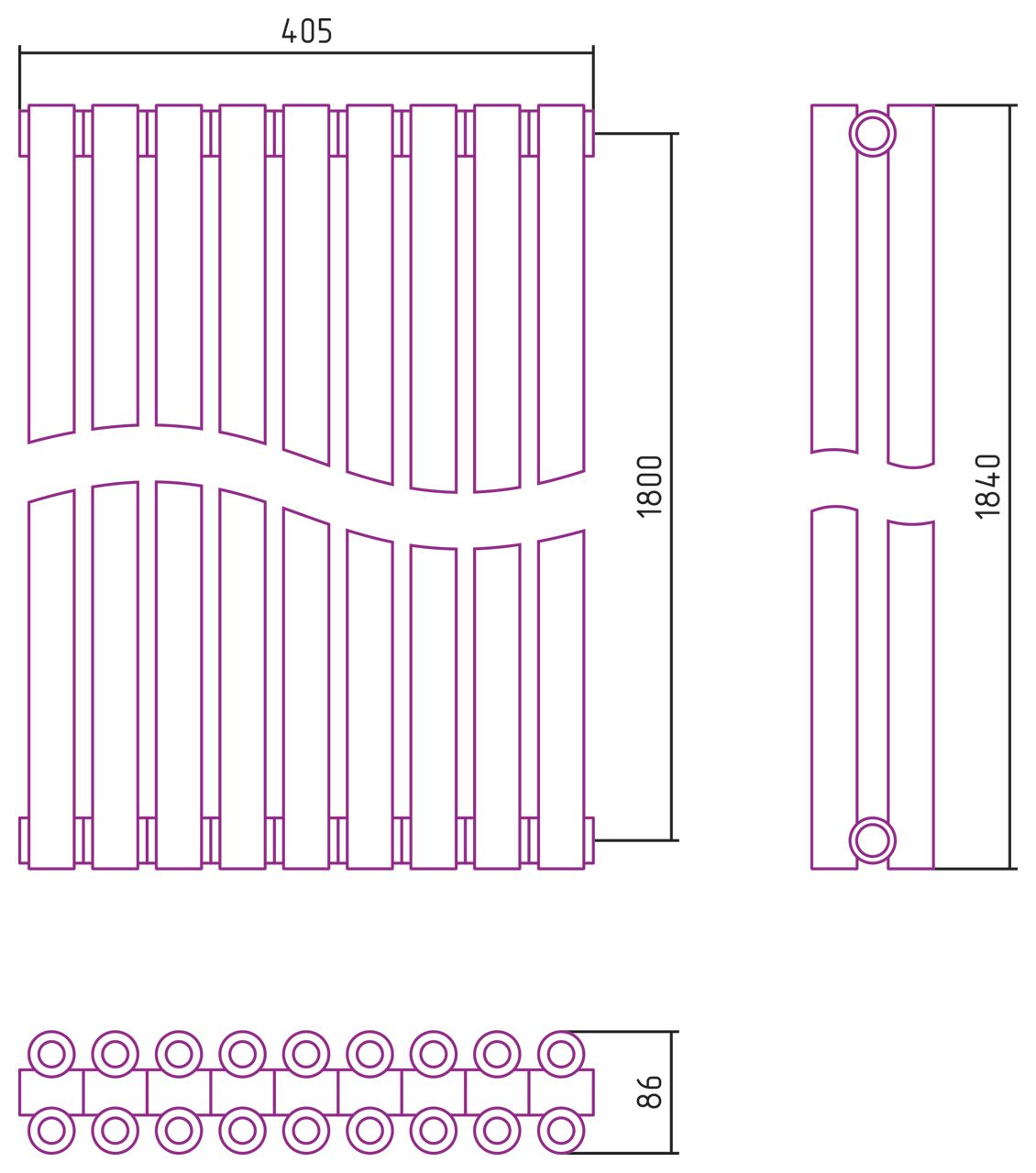 Отопительный радиатор ЭСТЕТ-00 н/ж 1800х405 / 9 сек (Состаренная Латунь)