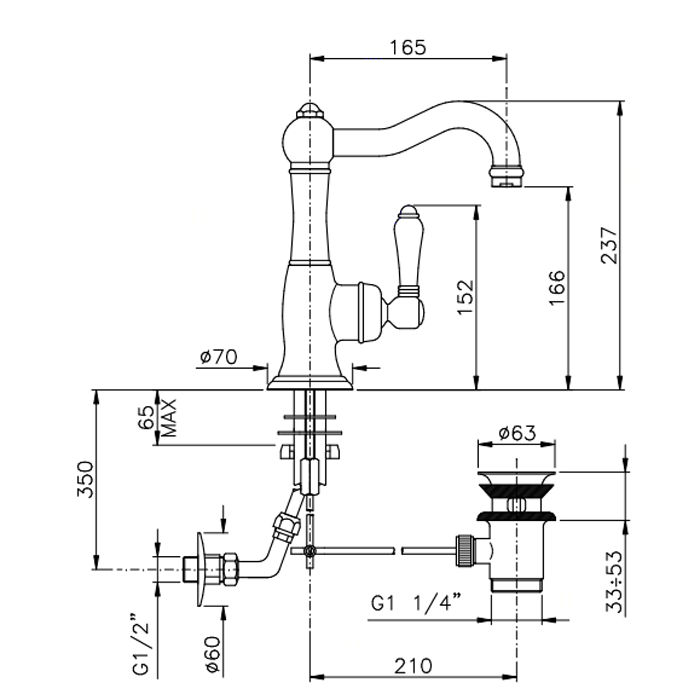 Nicolazzi P.m. Blanc A Смеситель для раковины однорычажный, с донным клапаном, ручки состаренная керамика, цвет: хром