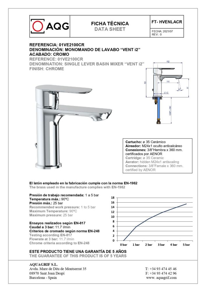 AQG VENT-i2, однорычажный смеситель для раковины без донного клапана, цвет хром