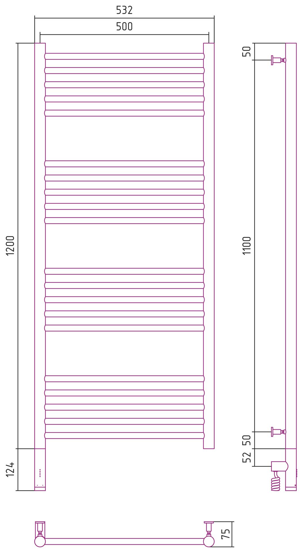 Полотенцесушитель электрический "БОГЕМА 3.0" прямая 1200х500 / МЭМ левый (Матовый белый)