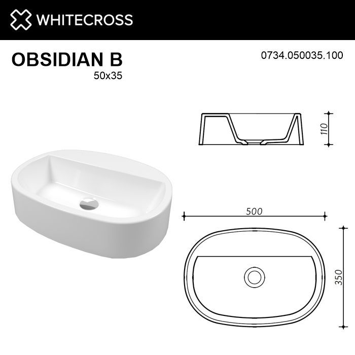 Умывальник WHITECROSS Obsidian B 50x35 (белый глянец) иск. камень Умывальник WHITECROSS Obsidian B 50x35 (белый глянец) иск. камень