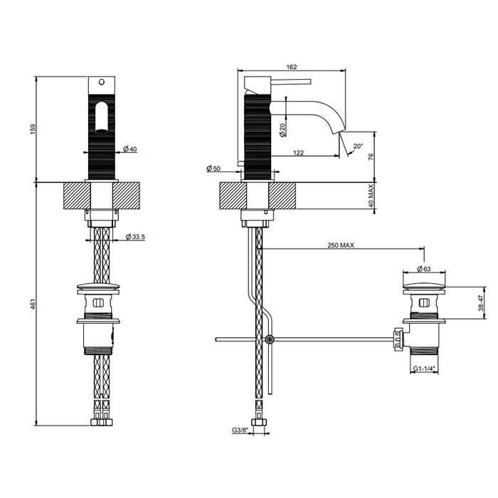 GESSI 316 Смеситель для раковины на 1 отверстие, с донным клапаном, излив 123мм, цвет: brushed black metal pvd