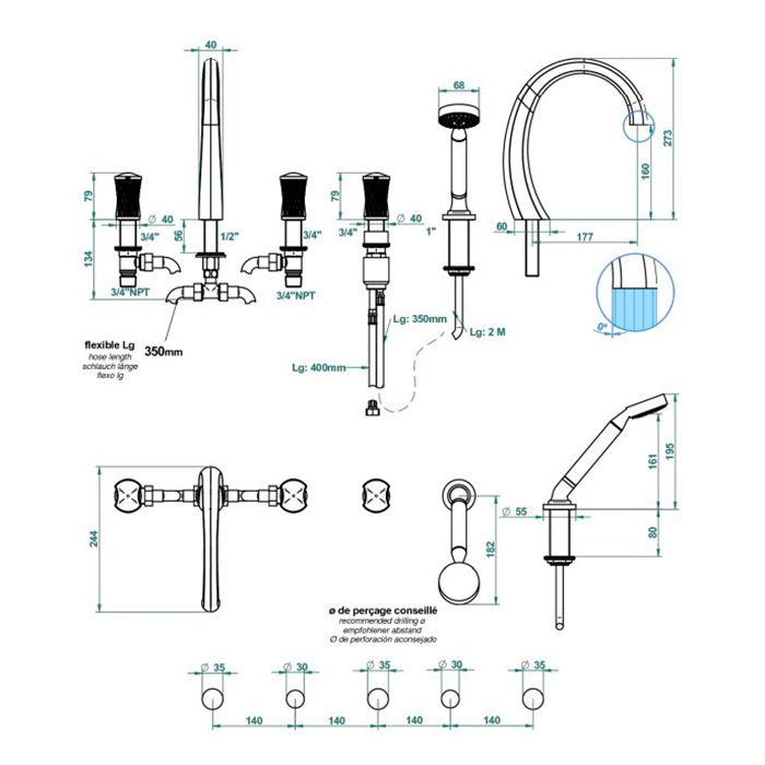 THG PORCELAIN BLANCHE DECOR PLATINE Смеситель на борт ванны на 5 отверстий, с прогрессивным смесителем для ручного душа, ручной душ, цвет хром
