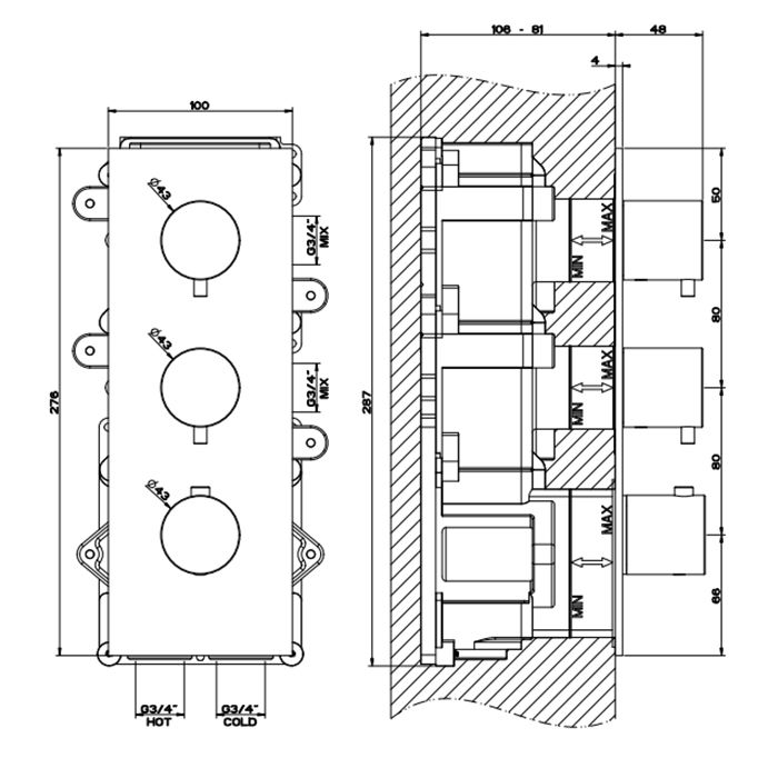 GESSI 316 Встраиваемый термостатический смеситель на 2 источника, резьба 3/4" (внешние части), цвет: steel brushed