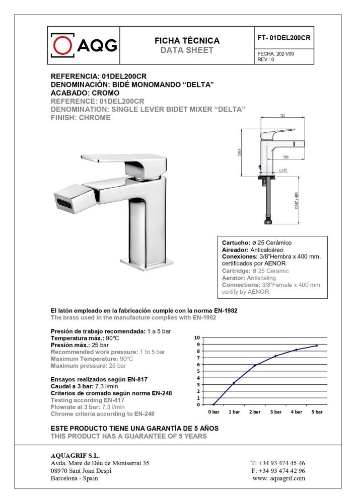 AQG Delta, однорычажный смеситель для биде без донного клапана, цвет хром, артикул 01DEL200CR