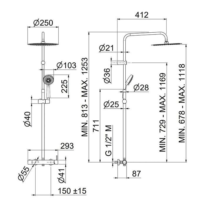 Душевая колонна NOTA на 2 потока с механическим смесителем с  ручным душем на 5 режимов, хром