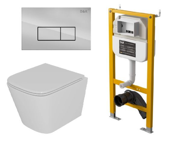 Комплект D&K Унитаз подвесной безободковый (торнадо) DT1436516, Инсталляция DI8050127, Клавиша смыва DB1499001, хром (DS1431628)