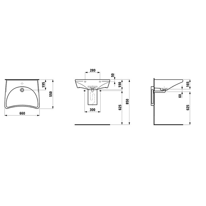 Раковина, Laufen, Rehab, ширина, мм-660, глубина, мм-550, высота, мм-165, отверстия для смесителя-отсутствуют, без перелива, цвет-белый