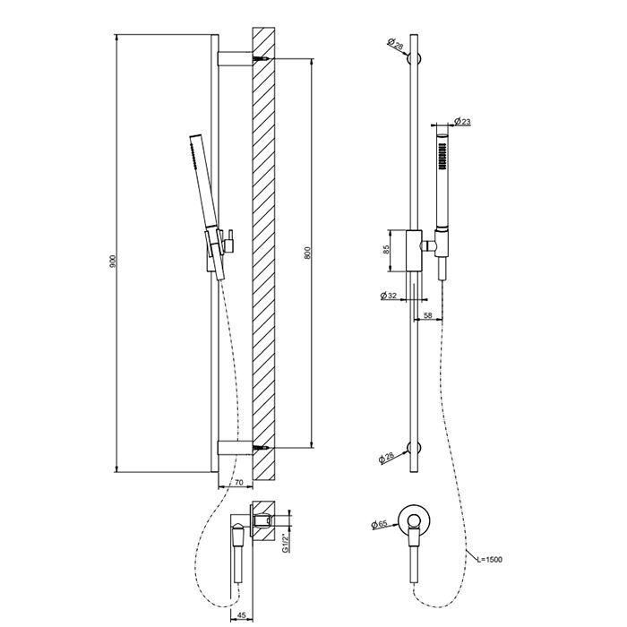 GESSI HABITO UNITO Душевой гарнитур с штангой, выводом воды, ручным душем и шлангом 1500 мм., цвет хром