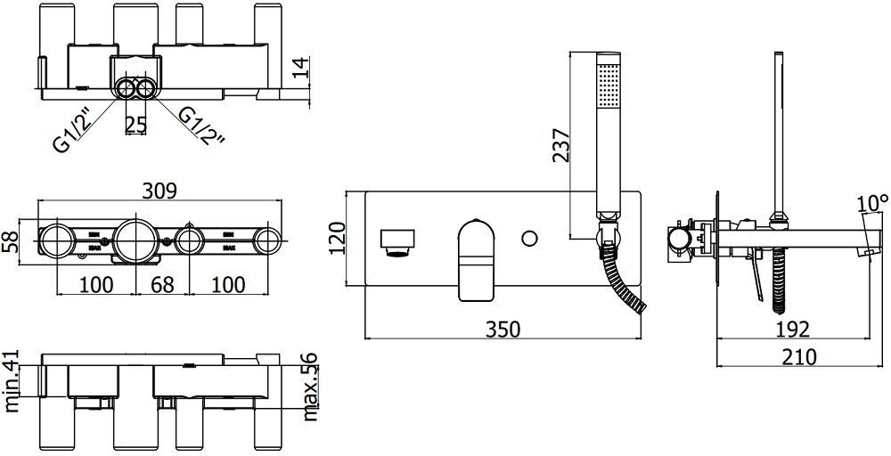 Смеситель для ванны с душем Paffoni Tilt TI001CR (с внутренней частью)