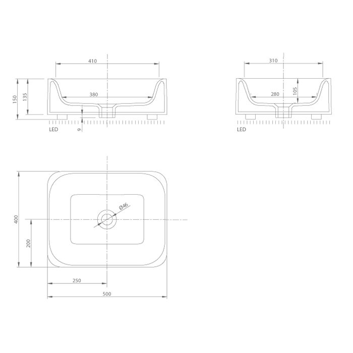 KNIEF Shine Раковина накладная  50х40х15 см без перелива, без отв под смеситель  с LED подсветкой , цвет белый матовый KNIEF Shine Раковина накладная  50х40х15 см без перелива, без отв под смеситель  с LED подсветкой , цвет белый матовый