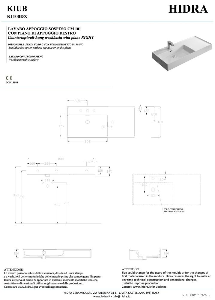 Hidra Kiub, накладная/подвесная прямоугольная раковина 101x46x12h см, чаша слева, цвет белый матовый, артикул KI100DX/006