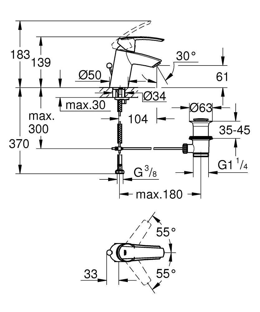 Смеситель для раковины GROHE Start с донным клапаном, S-size, хром (32559001) Смеситель для раковины GROHE Start с донным клапаном, S-size, хром (32559001)