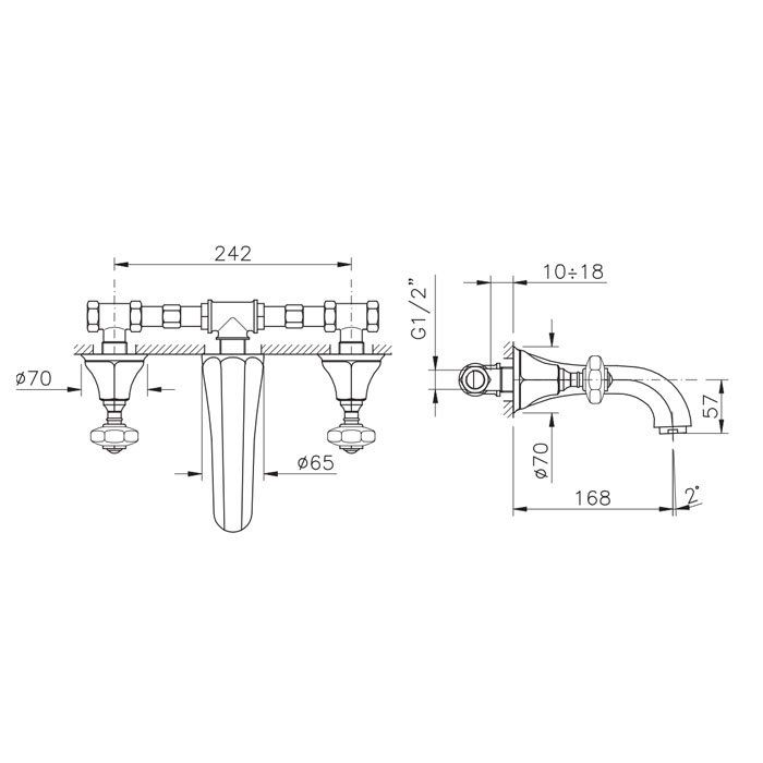 Nicolazzi Teide Chic Смеситель для раковины на 3 отверстия, настенный, излив: 168мм, вкл. внутр часть, цвет: золото