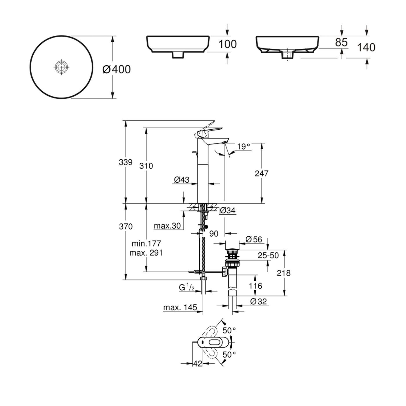 Комплект 2 в 1 Lavinia Boho Bathroom Sink Slim 21510230, накладная фарфоровая раковина 40 см, смеситель с донным клапаном