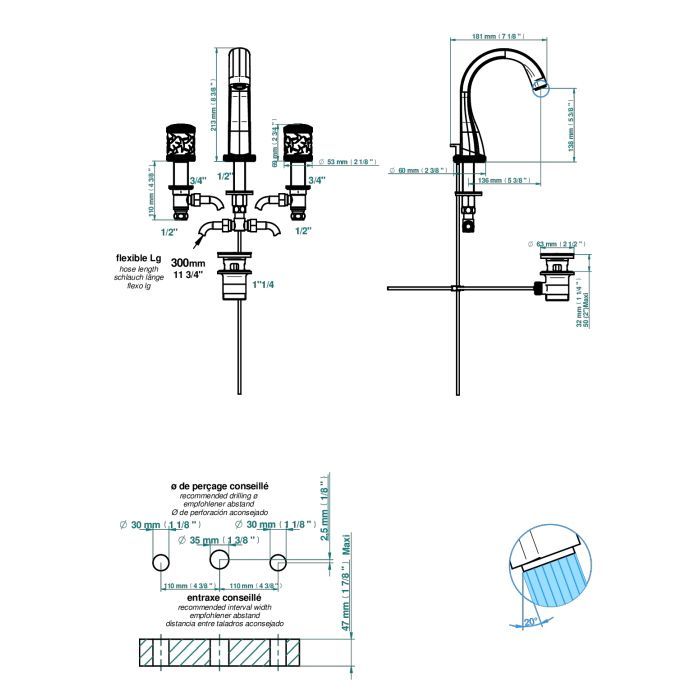 THG HIRONDELLES Смеситель для раковины на 3 отверстия, с донным клапаном, цвет Umber color PVD THG HIRONDELLES Смеситель для раковины на 3 отверстия, с донным клапаном, цвет Umber color PVD