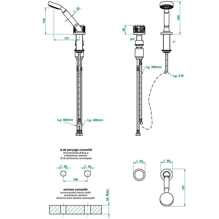 THG PARADISE Смеситель на борт ванны, на 2 отверстия, прогрессивный, с ручным душем, без излива, цвет хром