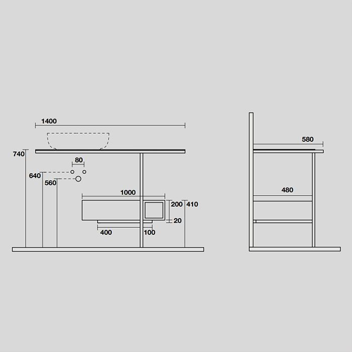 KERASAN THELMA  Структура металлическая напольная 140х74 см, нерж сталь, с полкой,ящиком, с отв под раковину,полотенцедержателем, цвет черный матовый