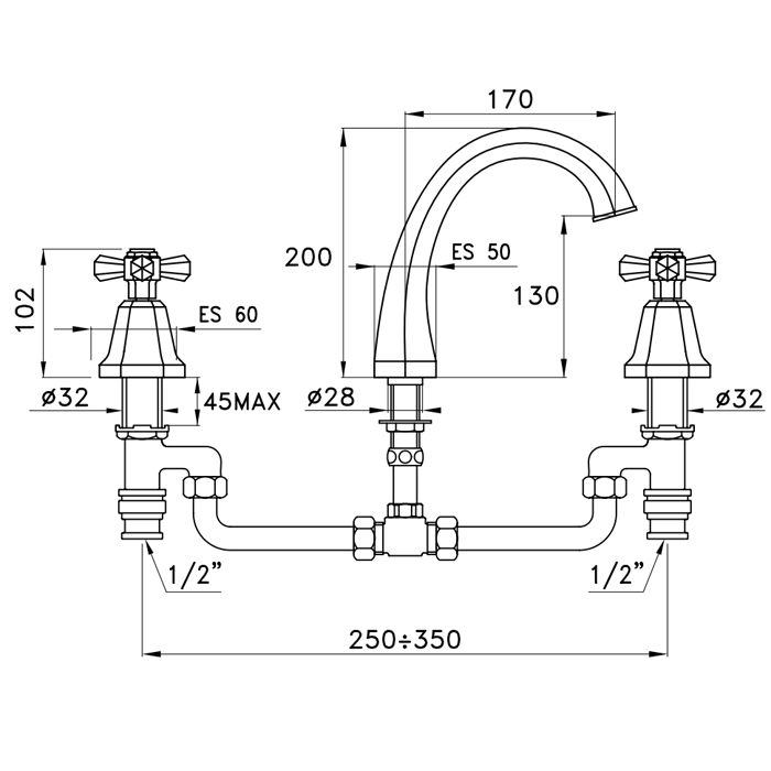 Stella Eccelsa Смеситель на борт ванны на 3 отверстия 3255, цвет: золото 24К