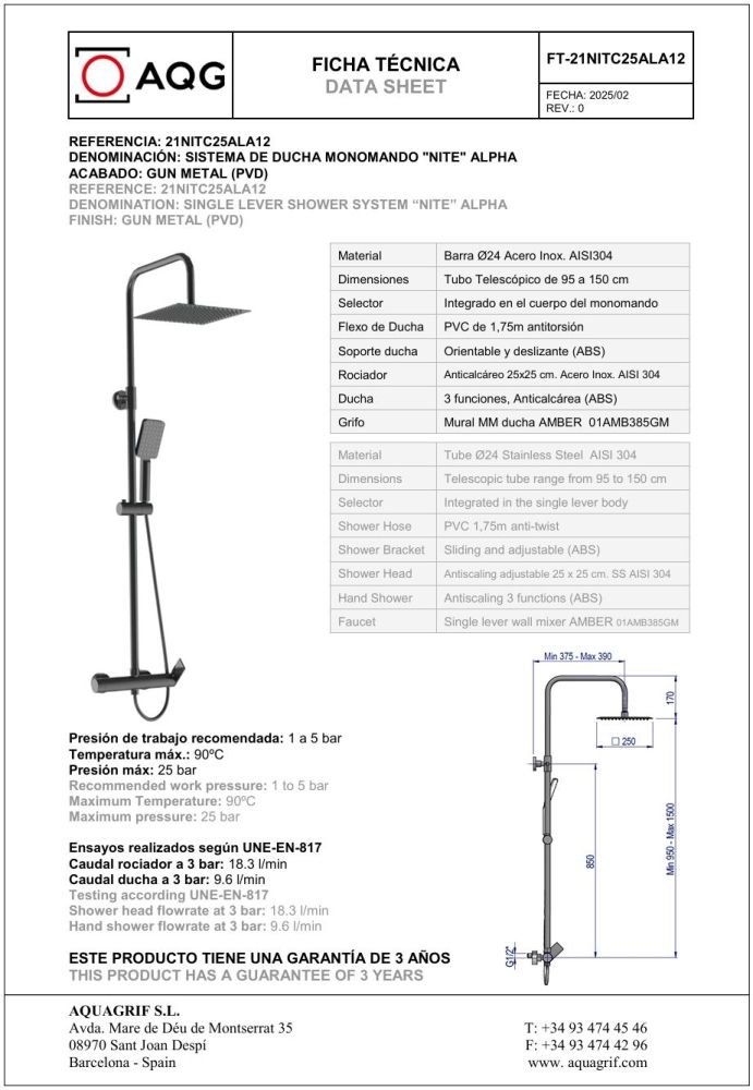 AQG Alpha, душевая колонна регулируемая по высоте 95-150 см, cо смесителем и квадратным верхним душем 25х25 см, цвет оружейная сталь (PVD), артикул 21NITC25ALA12