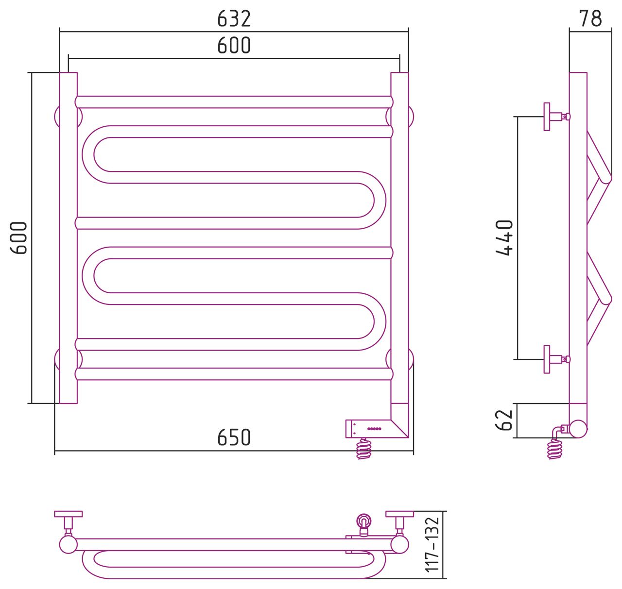 Полотенцесушитель электрический "ЭЛЕГИЯ 2.0" 600х600 / МЭМ правый (Без покрытия)