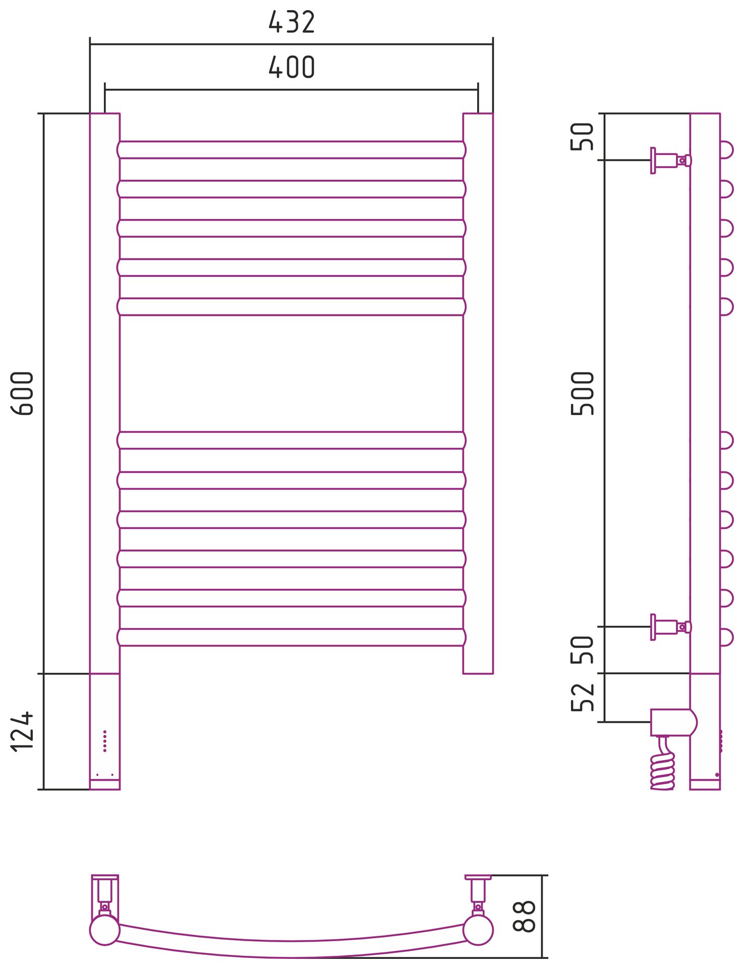 Полотенцесушитель электрический "БОГЕМА 3.0" 600х400 / МЭМ левый (Матовая шампань)