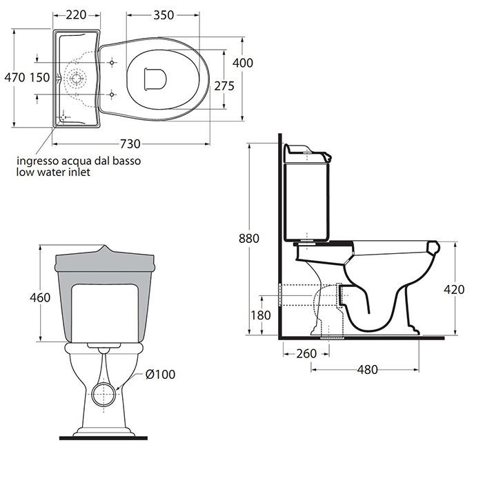 AZZURRA JUBILAEUM унитаз моноблок 75*40см слив в стену, цвет белый с креплением к полу