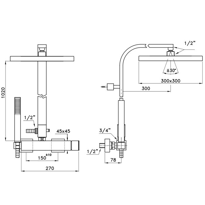Stella Bamboo Quadro Душевой комплект 3283/420/306-300: смеситель, штанга+ручной+верхний душ 300мм, цвет: хром