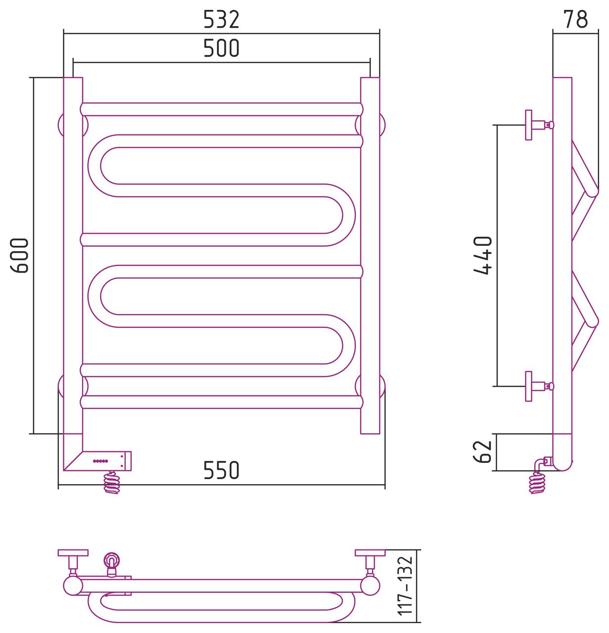 Полотенцесушитель электрический "ЭЛЕГИЯ 2.0" 600х500 / МЭМ левый (Без покрытия)