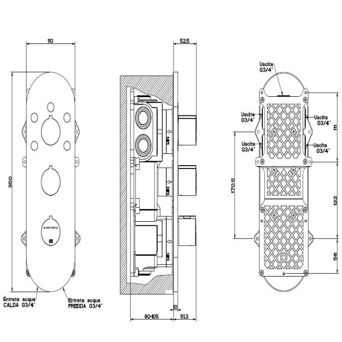 Gessi Tondo Встраиваемый термостат для душа, с 5ю выходами и селектором, верт/гориз установка, (внешние части), цвет: хром